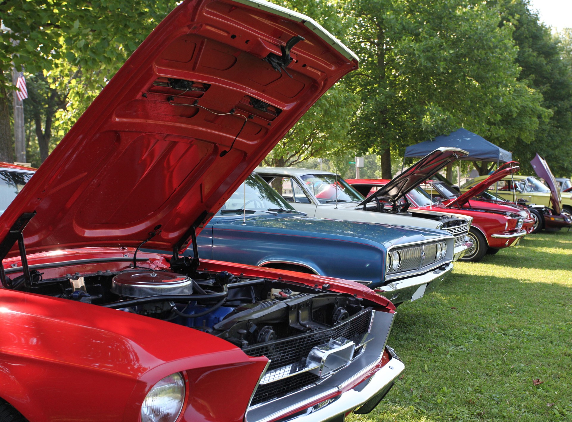 Classic automobiles on display at Indiana car show.  Colorful.